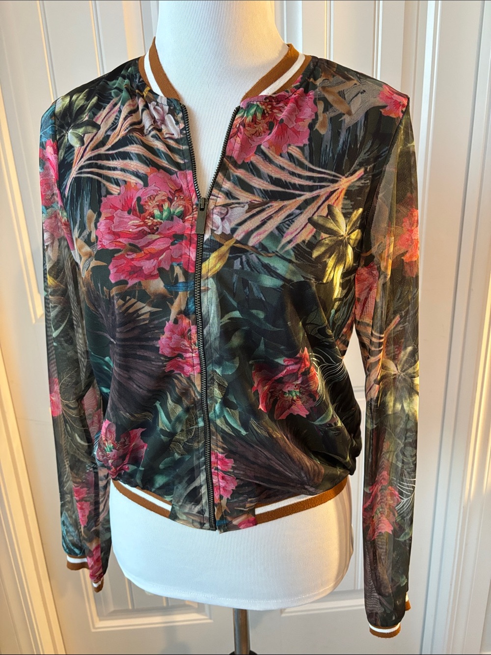 Aeropostale Floral Tropical Bomber Jacket - Black, Pink, Green